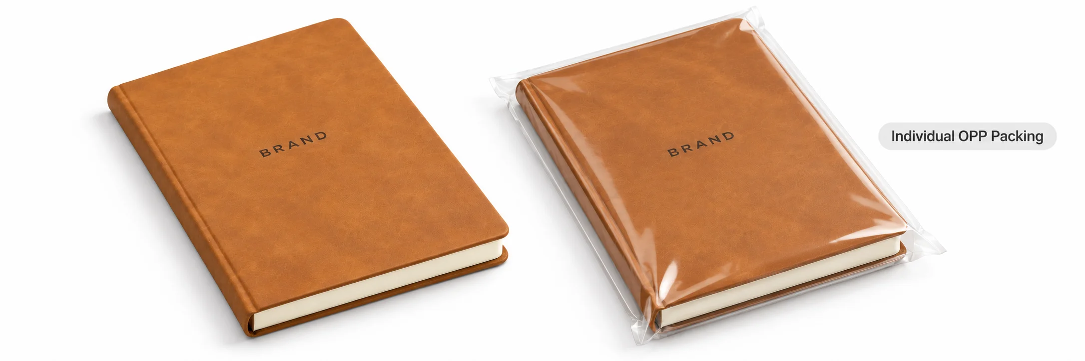Tan journal inside a transparent OPP bag beside an unpacked matching journal