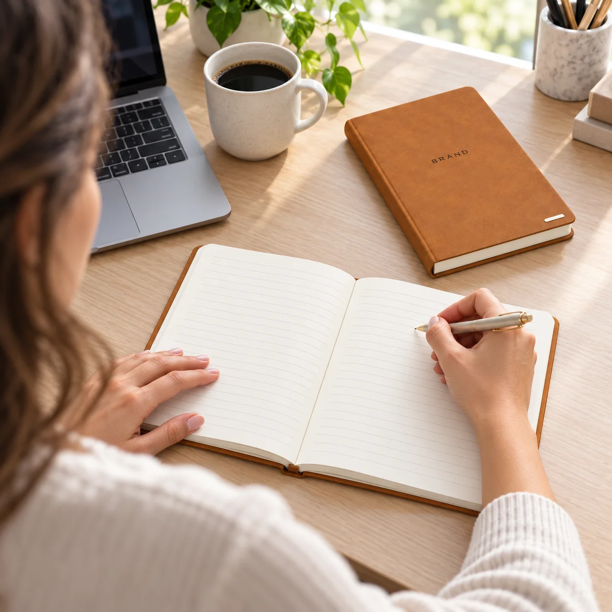 Woman writing in an open lined journal beside a closed tan hardcover journal