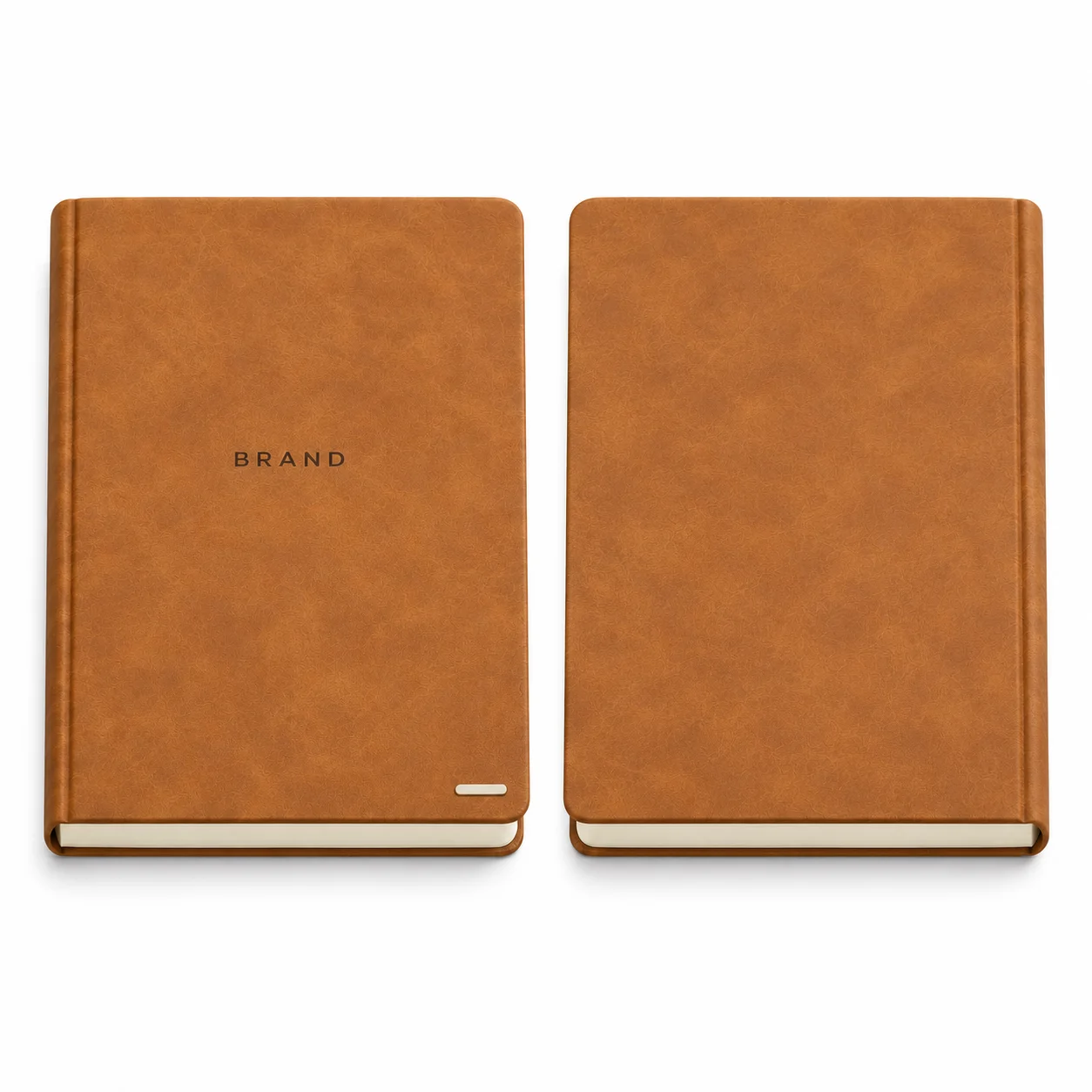 Front and rear cover views of a tan A5 PU hardcover journal