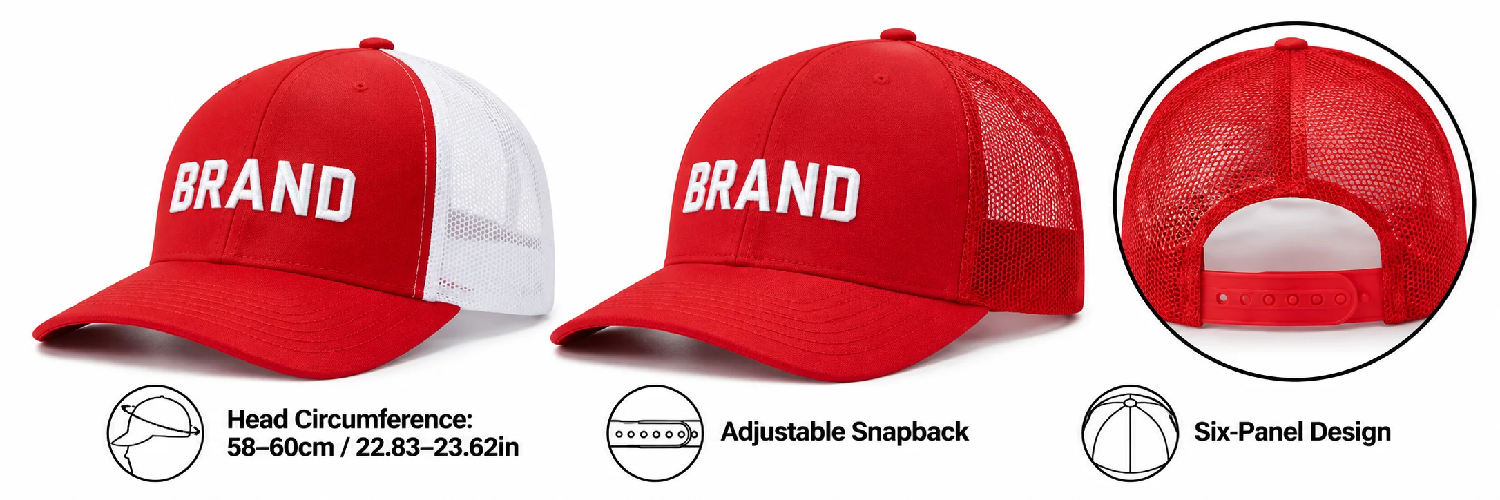 Red cap with rear snapback detail and supplied 58–60cm head-circumference information