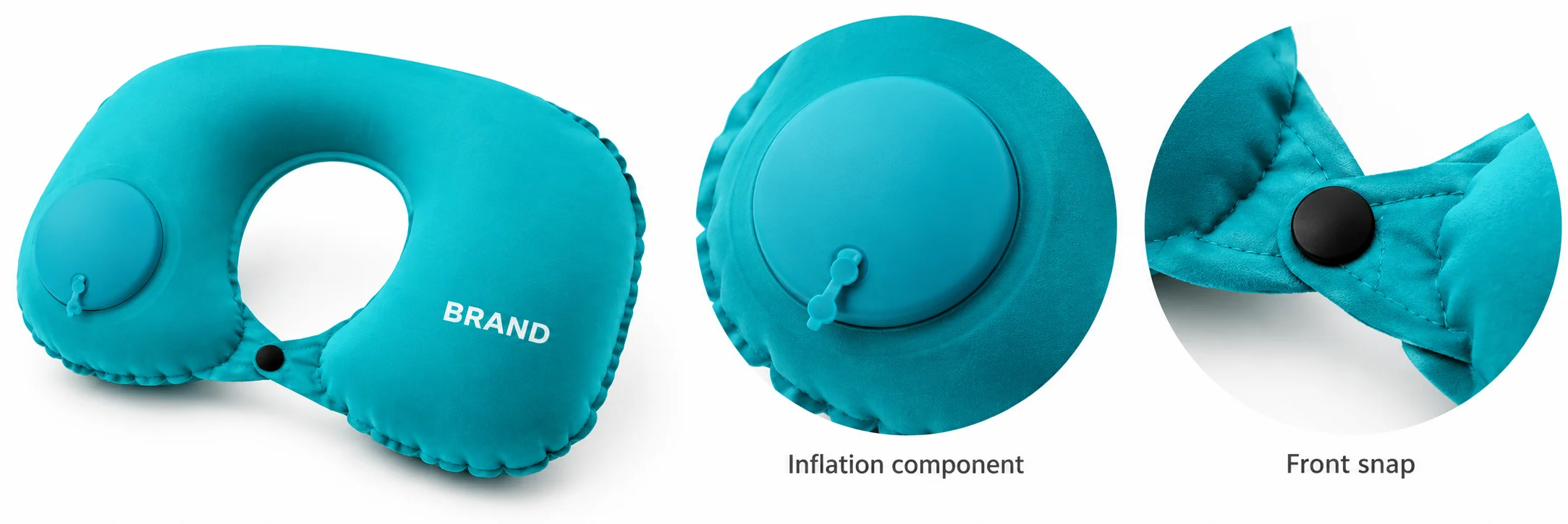 Inflatable neck pillow with enlarged views of its inflation component and front snap