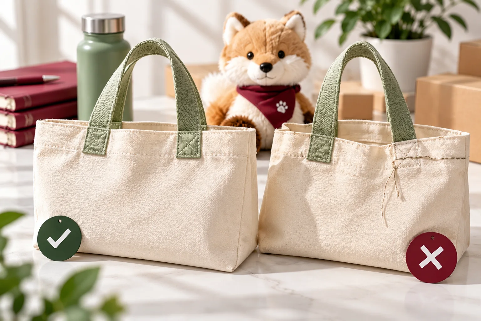 Comparison of a properly stitched cream canvas tote and a defective tote with loose seams, illustrating promotional product sample approval and quality control.