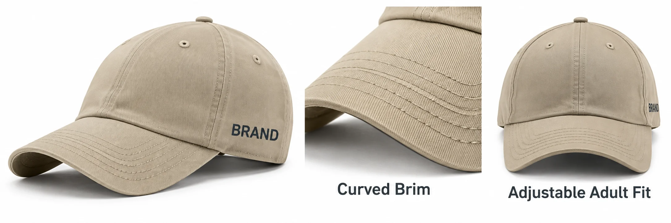 Beige cap shown with curved-brim details and adjustable adult-fit labels