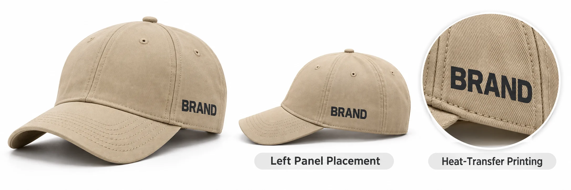 Beige cap showing left-panel heat-transfer artwork in full and enlarged views