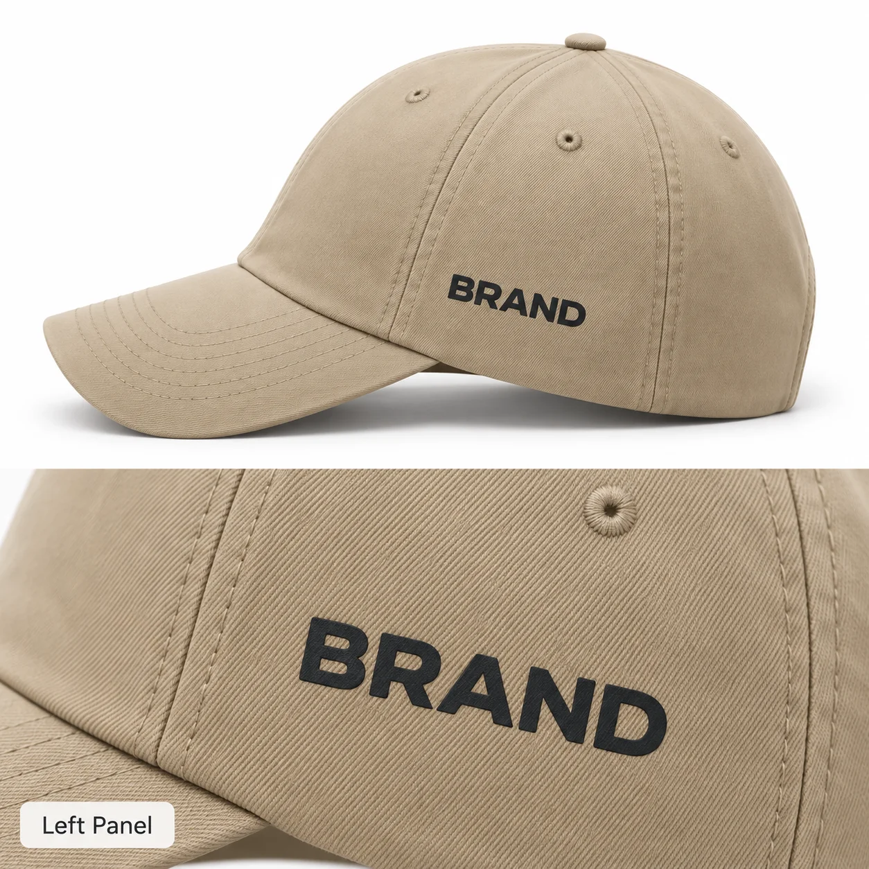 Beige baseball cap showing dark heat-transfer lettering on its left panel