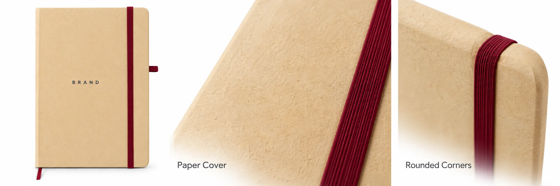 Beige notebook with close-ups of the paper cover texture and rounded corner