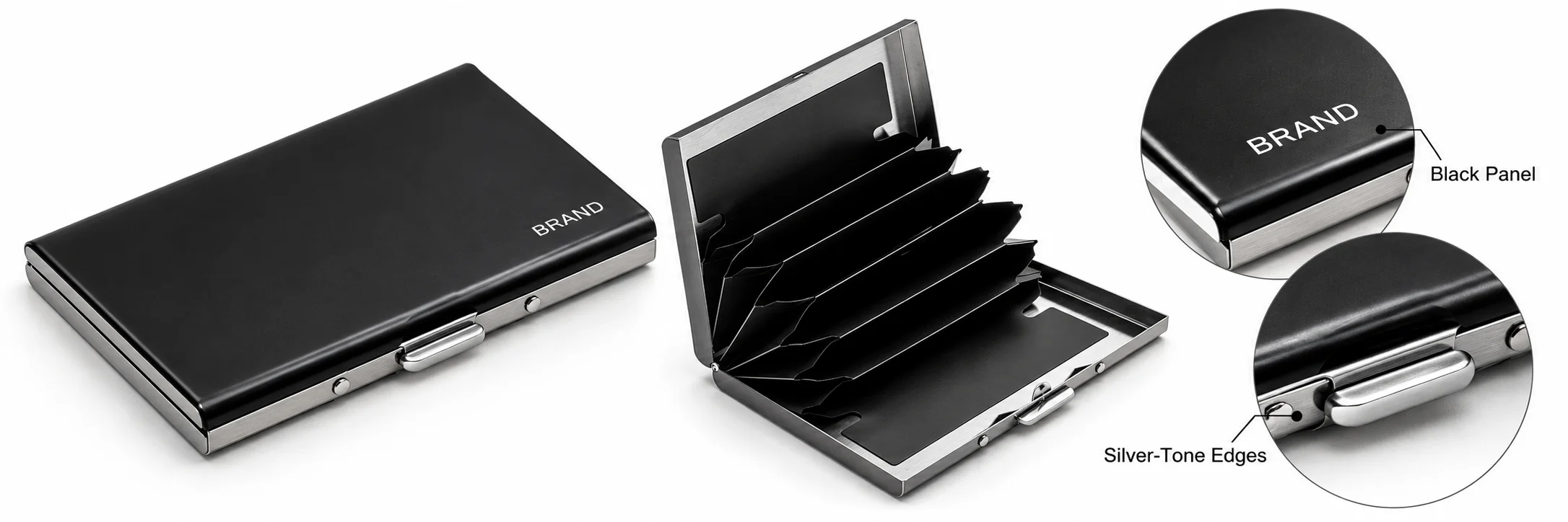 Black business card holder with close-up views of silver-tone edges