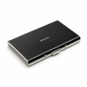 Closed black metal business card holder with silver-tone edges