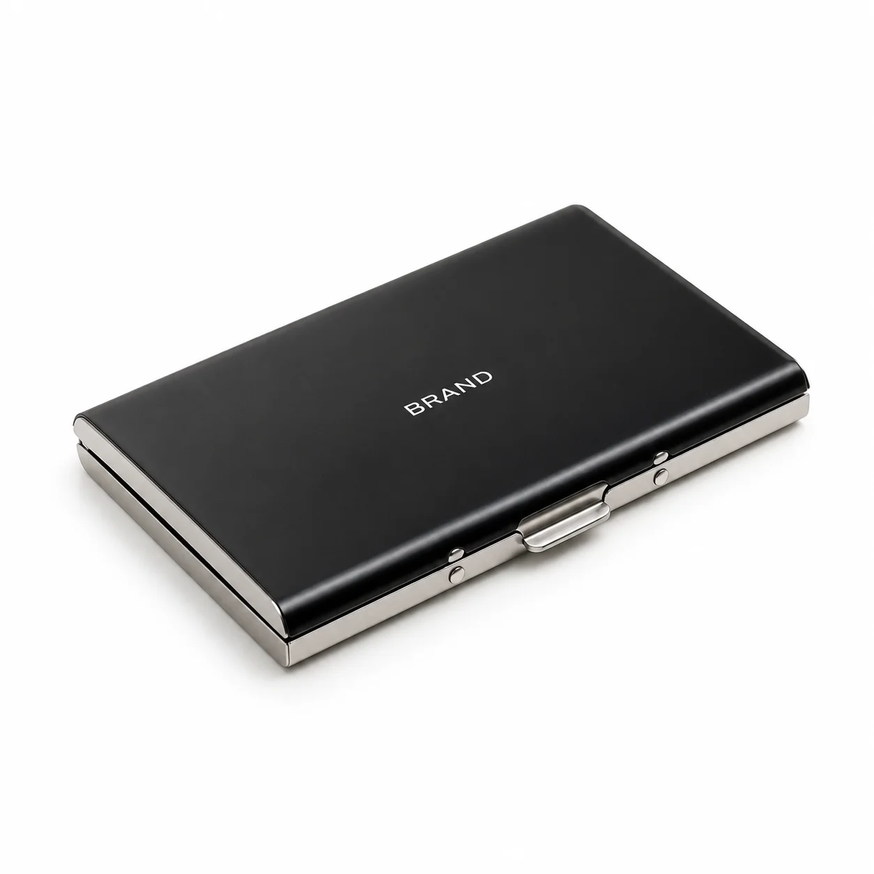 Closed black metal business card holder with silver-tone edges