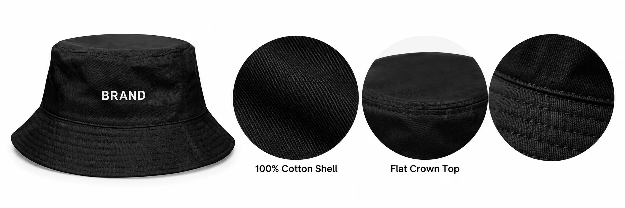 Black bucket hat with enlarged cotton-shell and crown-seam details