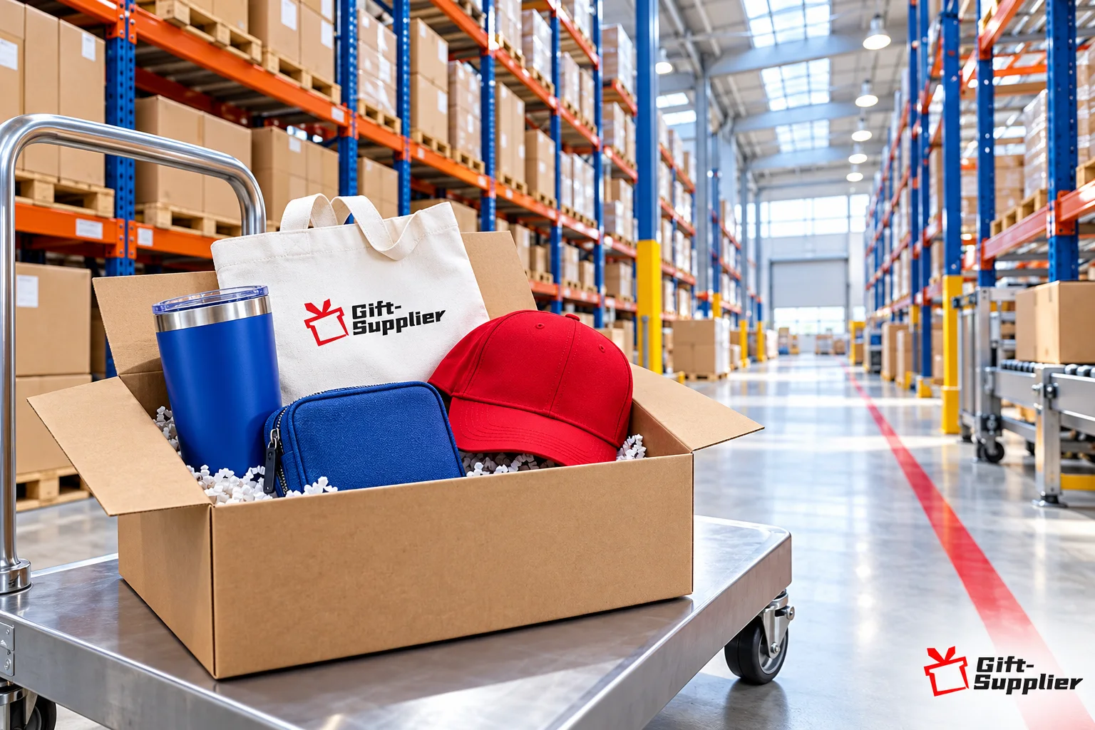 Custom corporate swag box filled with a blue tumbler, printed tote bag, red cap, and pouch on a warehouse trolley.