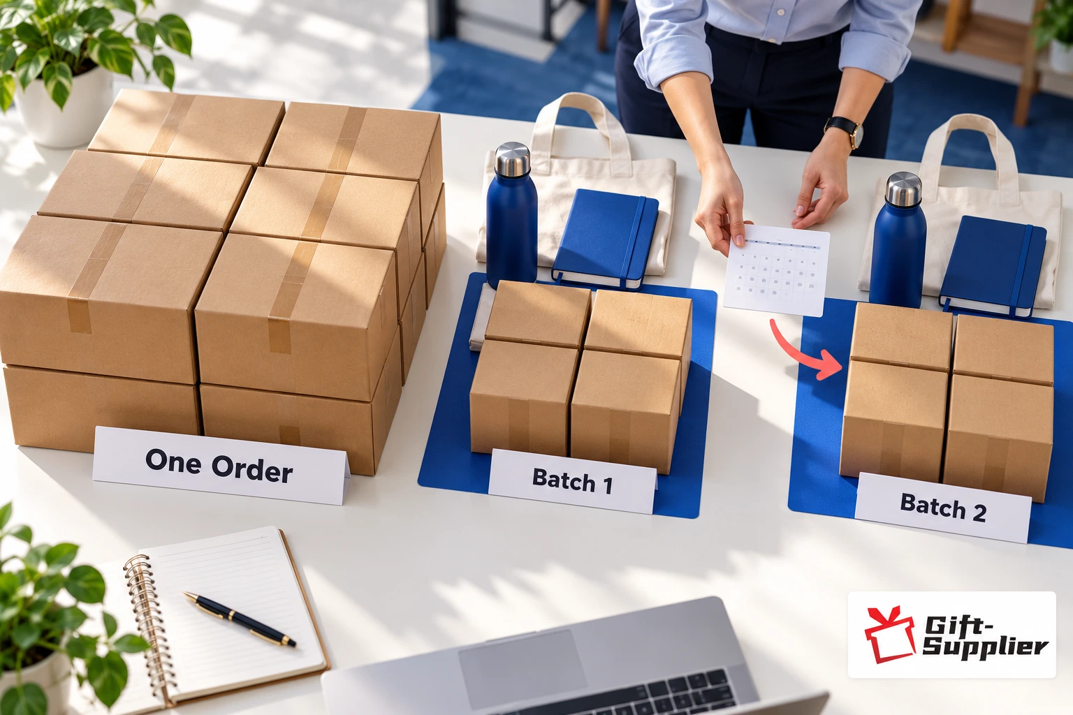 Desk setup comparing a single large stack of inventory boxes labeled One Order against phased smaller stacks labeled Batch 1 and Batch 2.