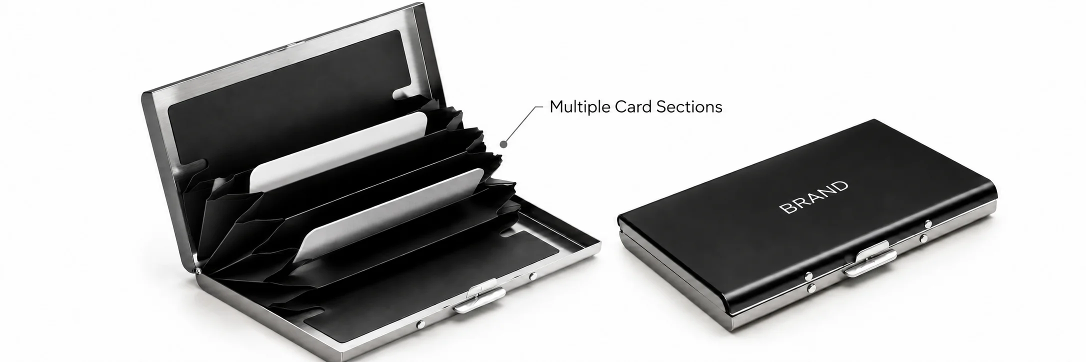 Open black metal holder showing multiple sections for organizing cards