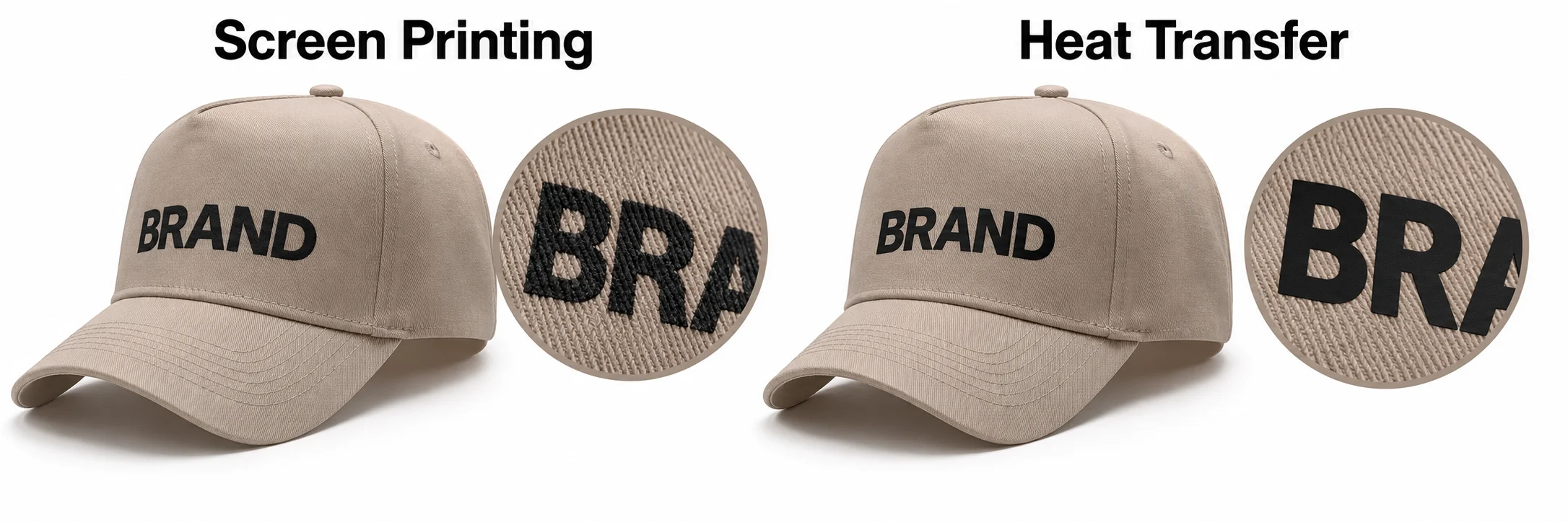Screen printing and heat transfer shown on taupe caps with enlarged lettering details