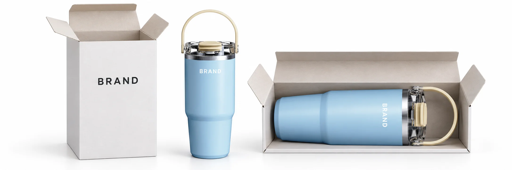 Light-blue carry-handle tumblers displayed beside and inside fitted white paperboard boxes