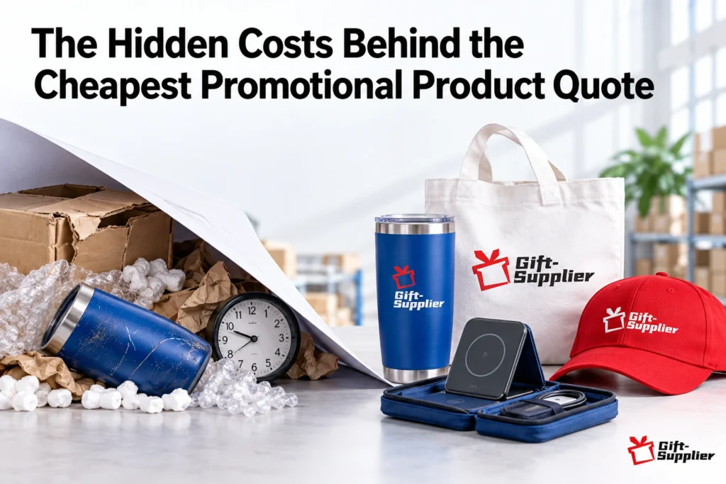 Comparison showing damaged goods and an alarm clock on the left versus high-quality branded merchandise on the right beneath headline text.