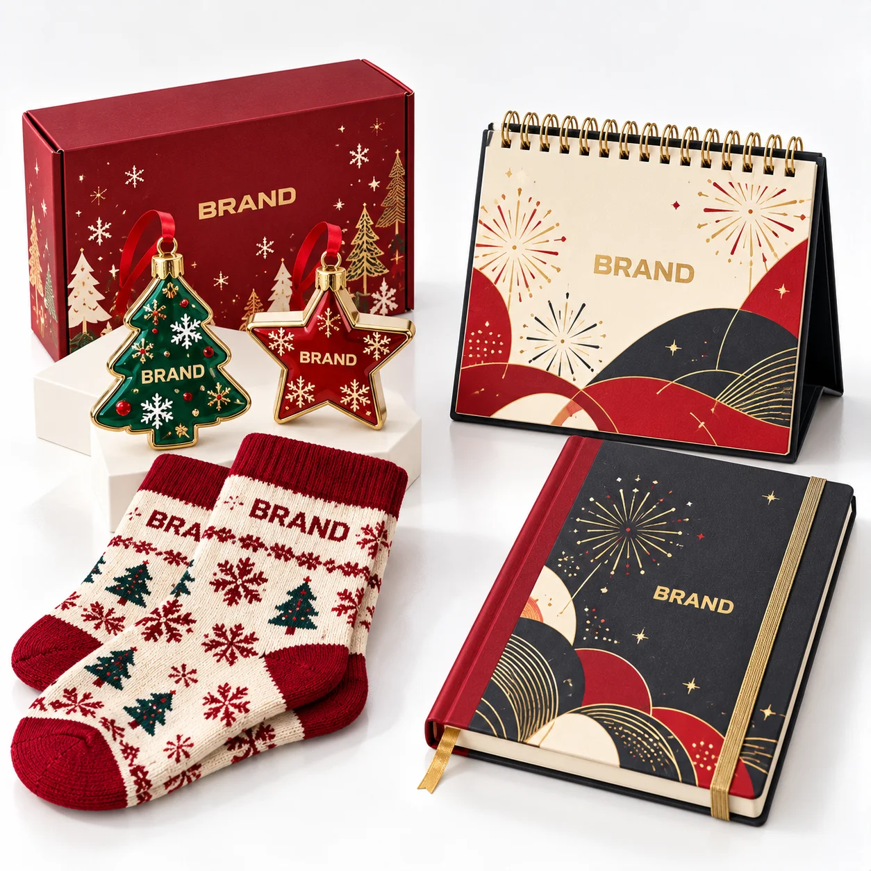 Christmas tree and star ornaments, festive socks, desk calendar and New Year planner.