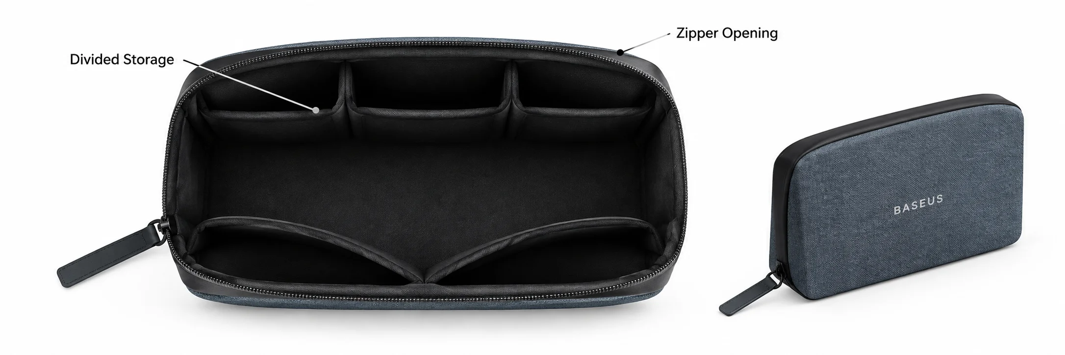 Empty open cable organizer showing black storage divisions beside a closed blue-gray exterior view.