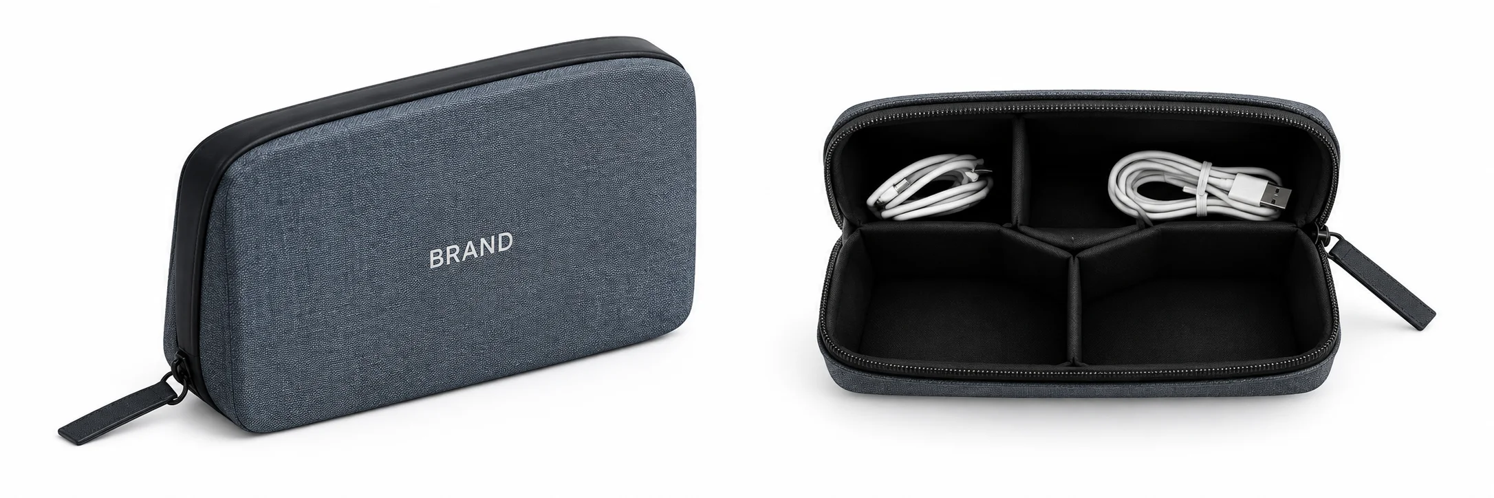 Closed blue-gray organizer with white lettering beside an open view showing divided cable storage.