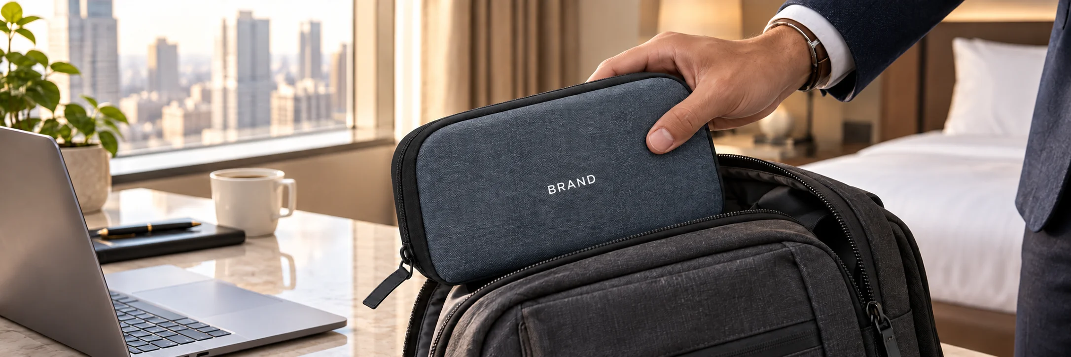 Traveler placing a blue-gray cable organizer with white lettering into a backpack on a hotel desk.