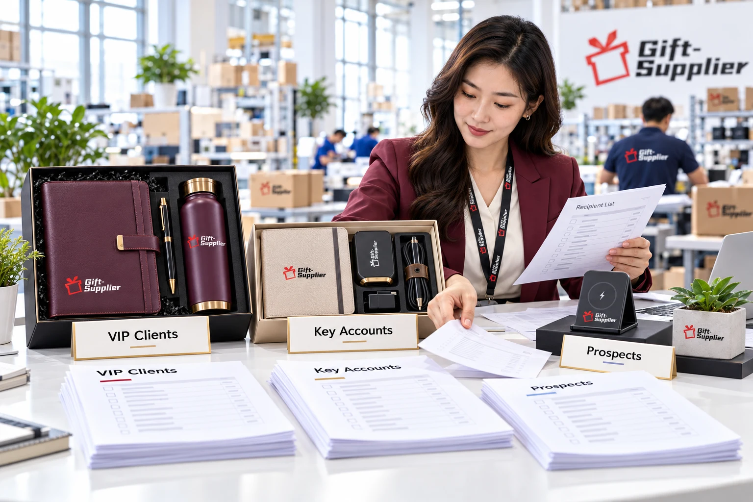 Three branded corporate gift sets displayed in premium, standard, and budget tiers for different business relationships.