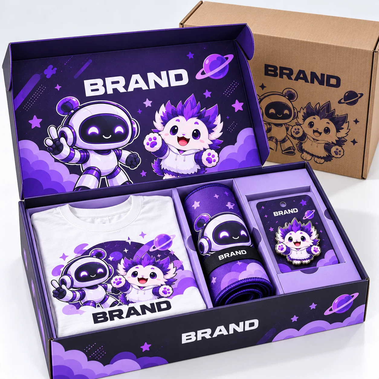 Merchandise box with a folded T-shirt, rolled gaming desk mat and enamel pin beside a shipping carton.