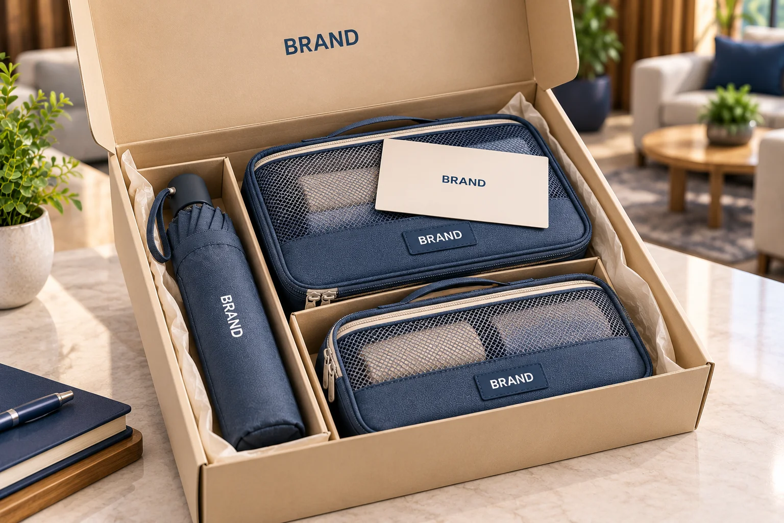 Open sand-colored gift box containing blue packing cubes, a compact umbrella and a cream card