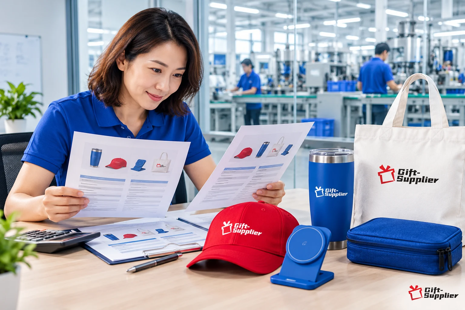 Business professional reviewing printed corporate gift pricing quotes alongside branded tumblers, caps, tote bags, and chargers.