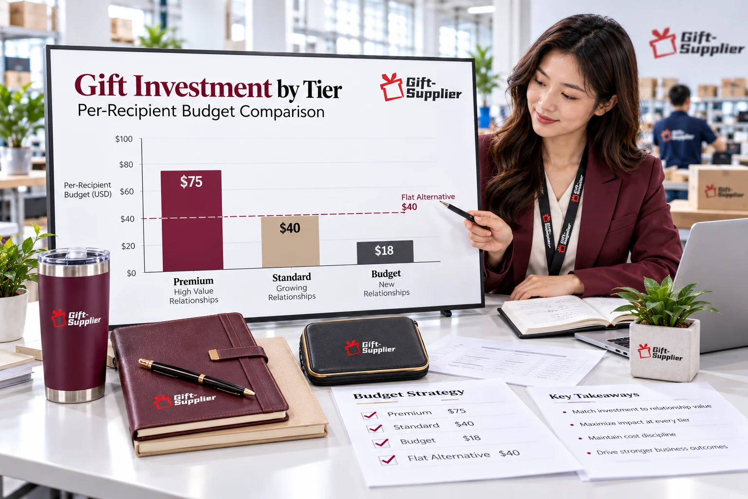 Corporate gift investment chart comparing premium gifts at $75, standard gifts at $40, and budget gifts at $18 per recipient.