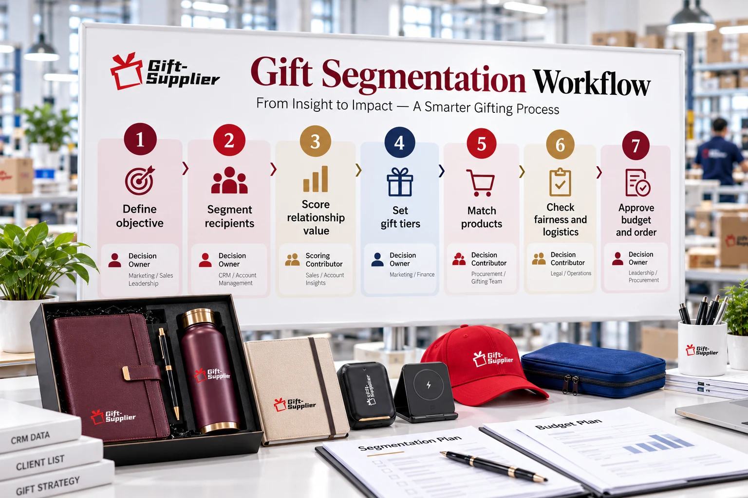 Seven-step corporate gift segmentation workflow showing objective definition, recipient segmentation, relationship scoring, gift tiers, product matching, fairness checks, and budget approval.