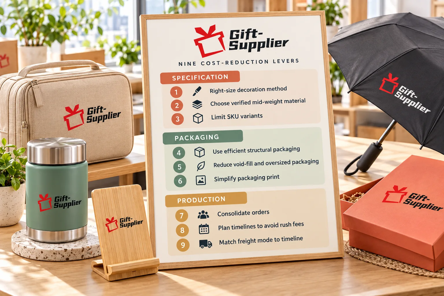 Printed checklist showing nine cost-reduction levers for promotional gifting