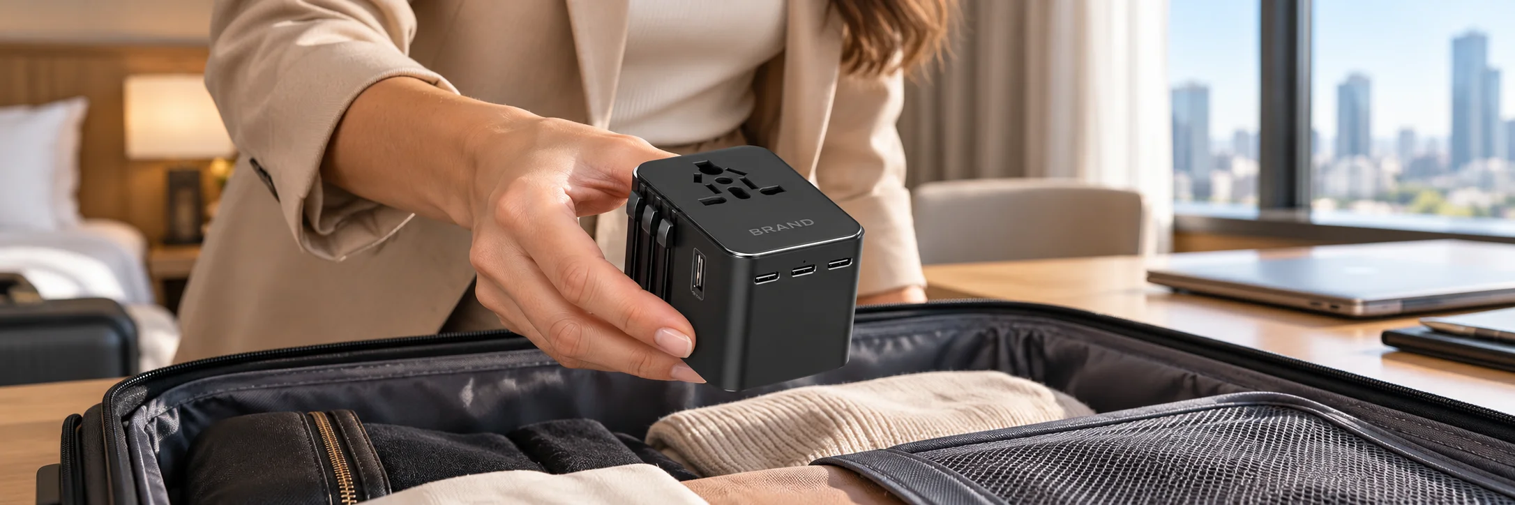 Woman placing a black multi-port travel adapter into a suitcase before a business trip
