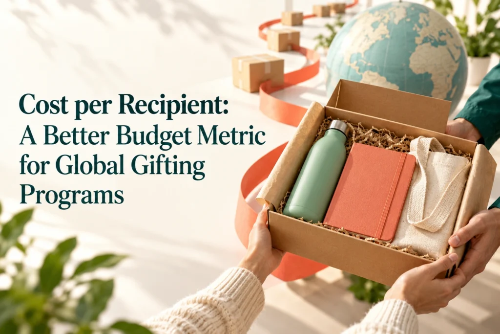 Hands passing an open corporate gift box in front of a globe with text reading Cost per Recipient: A Better Budget Metric for Global Gifting Programs.