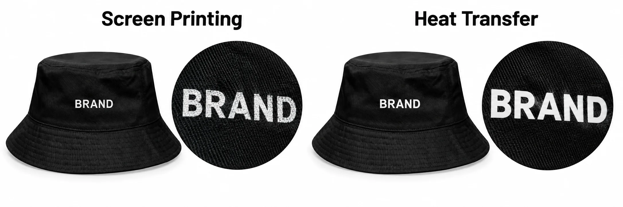 Screen printing and heat transfer demonstrated on black bucket hats with enlarged lettering details
