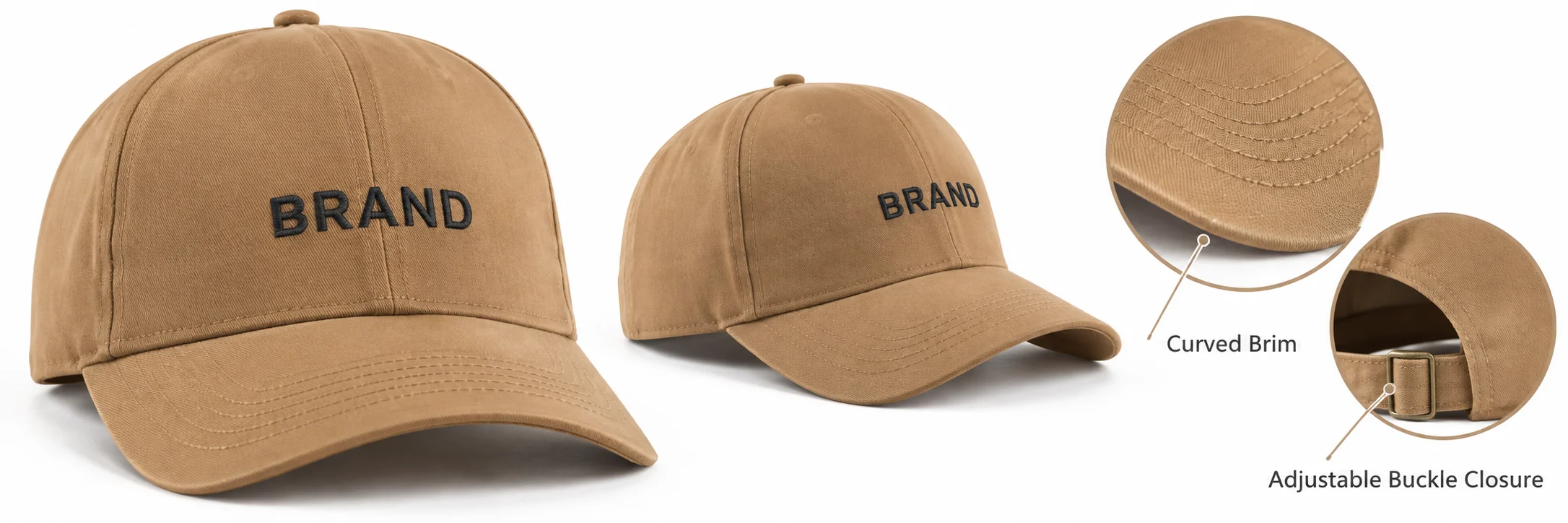 Tan cap shown from two angles with a curved-brim close-up and feature labels