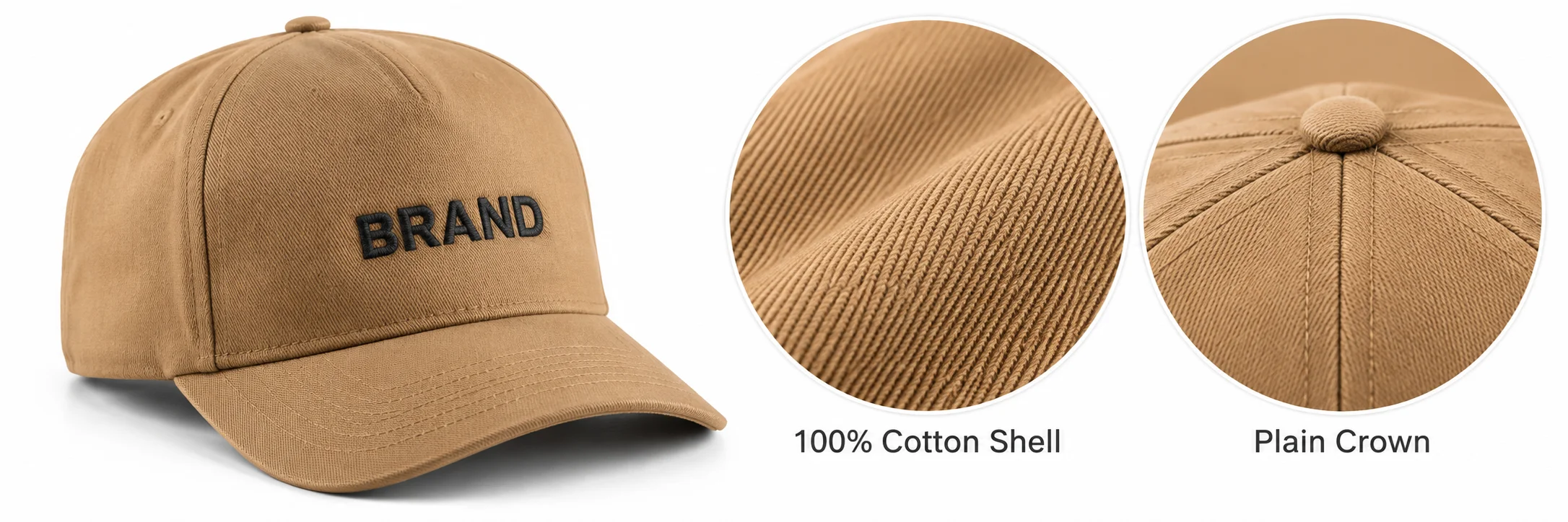 Tan cap with enlarged views of its cotton shell and crown seams