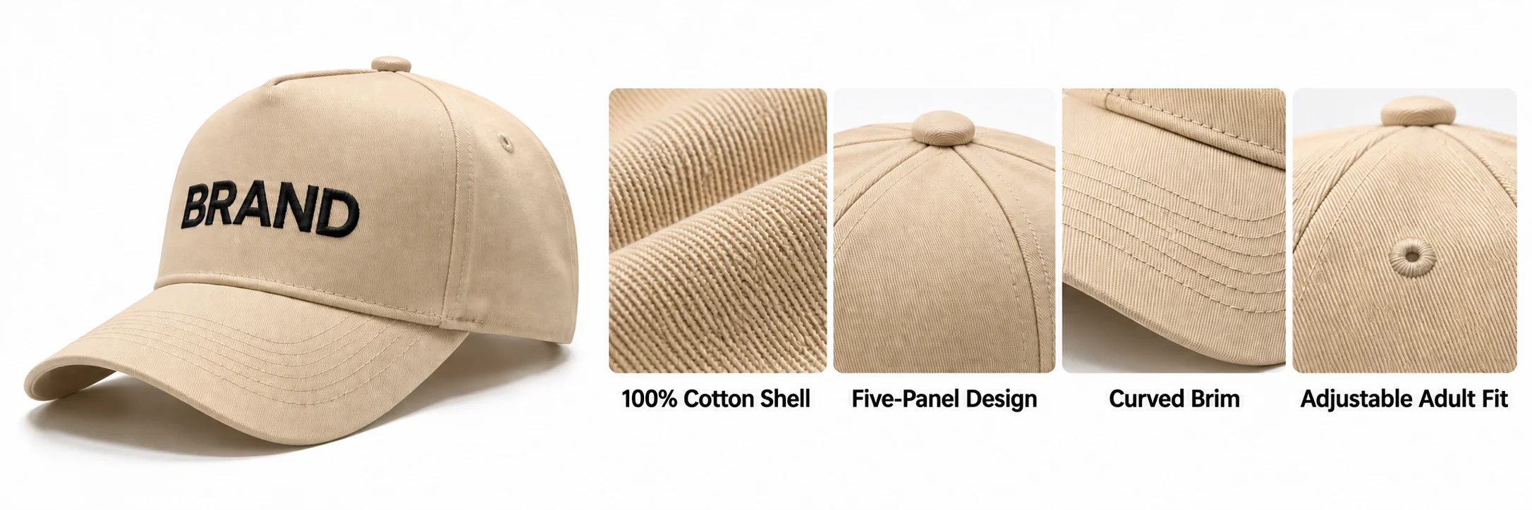Beige cap with shell cotton fabric and stitching close-ups beside supplied feature labels