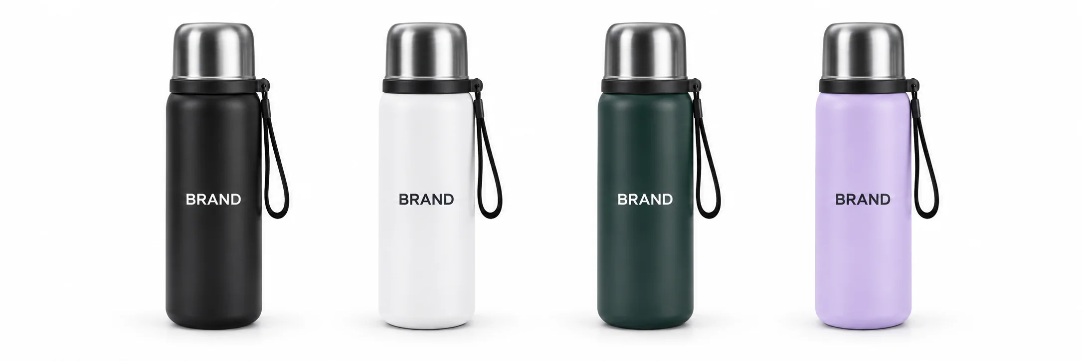 Four cylindrical flasks in black, white, dark green and lavender with metallic cup lids