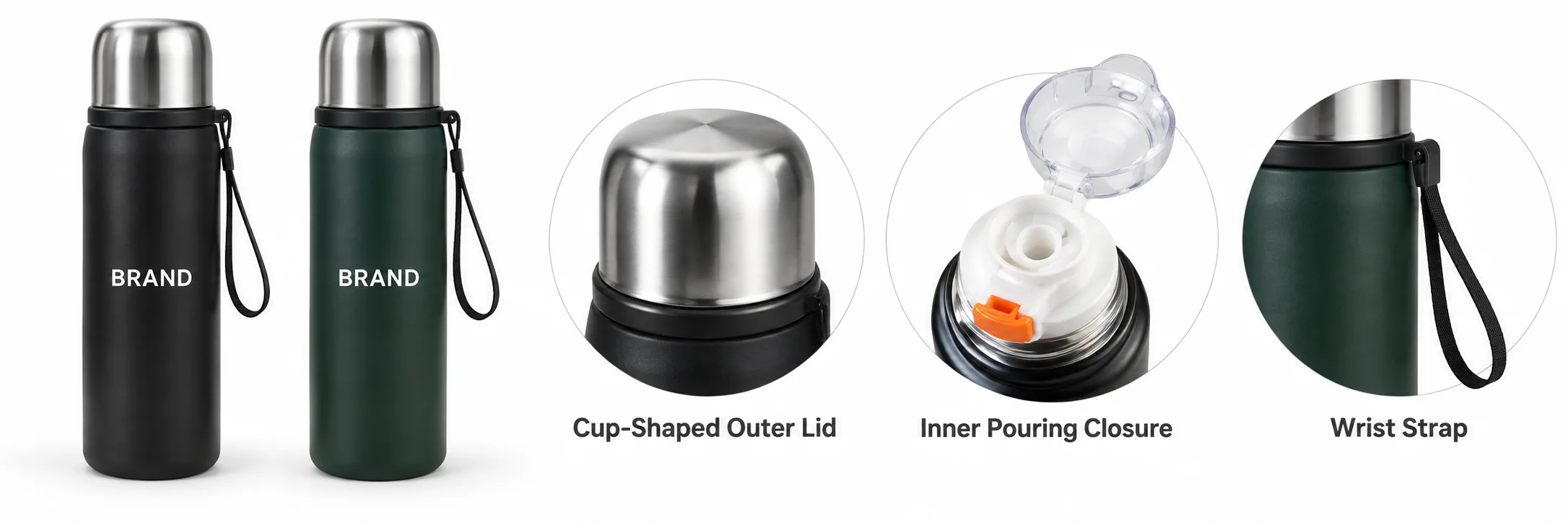 Black and dark-green flasks showing metallic cup lids and attached wrist straps