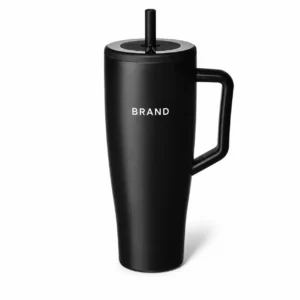 Black stainless steel tumbler with white lettering, side handle, fitted lid, straw and tapered base.
