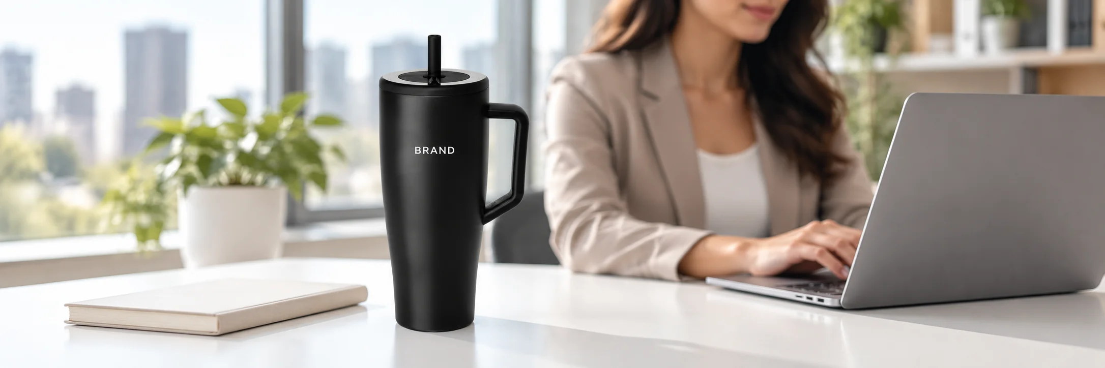 Black handled tumbler with white lettering, lid and straw on an office desk beside a laptop and notebook.