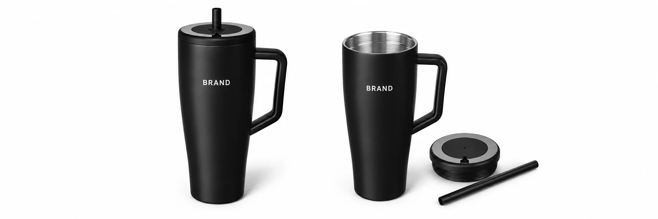 Black handled tumbler views showing the lid and straw fitted and removed.