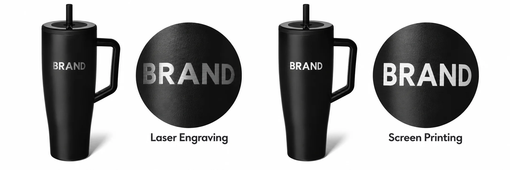 Black handled tumbler views comparing silver-toned engraved lettering and white screen-printed lettering.