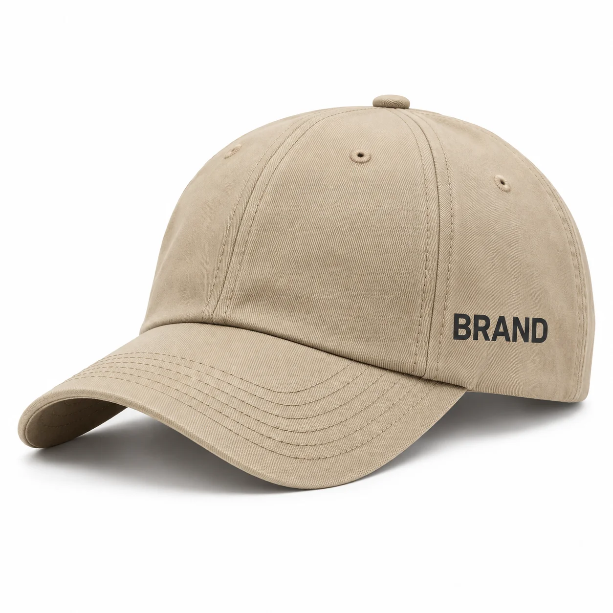Beige six-panel cap with a curved brim and dark lettering on the left panel