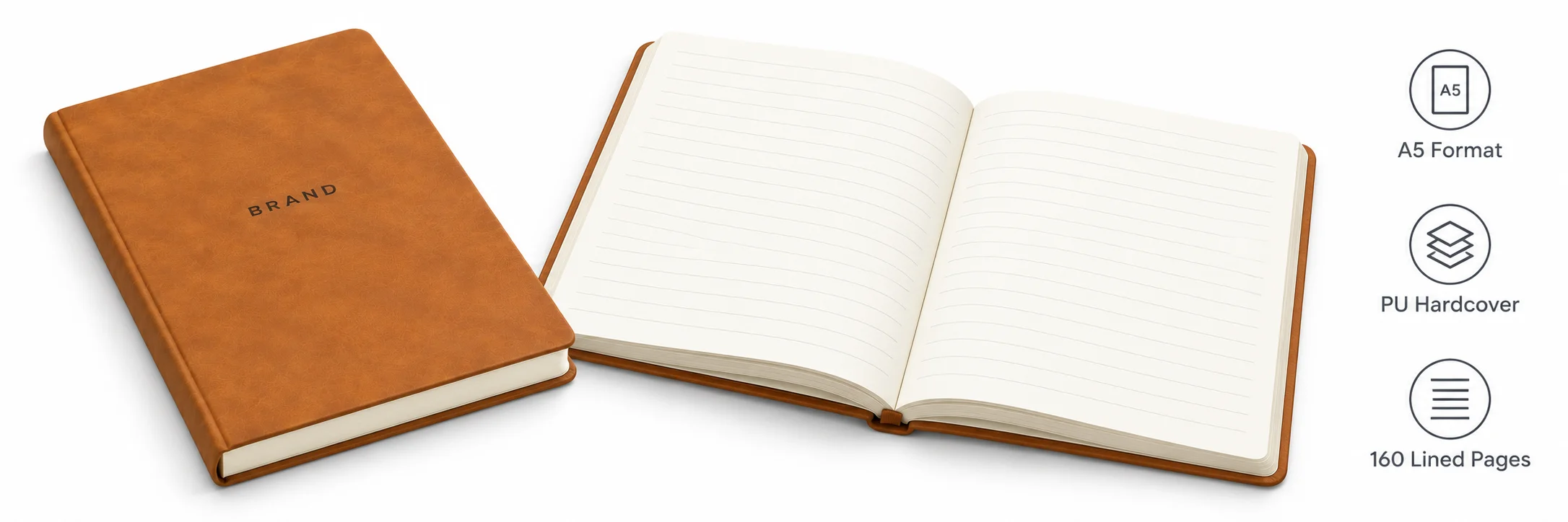 Open and closed tan journal views with A5 format, PU hardcover and 160 lined pages labels