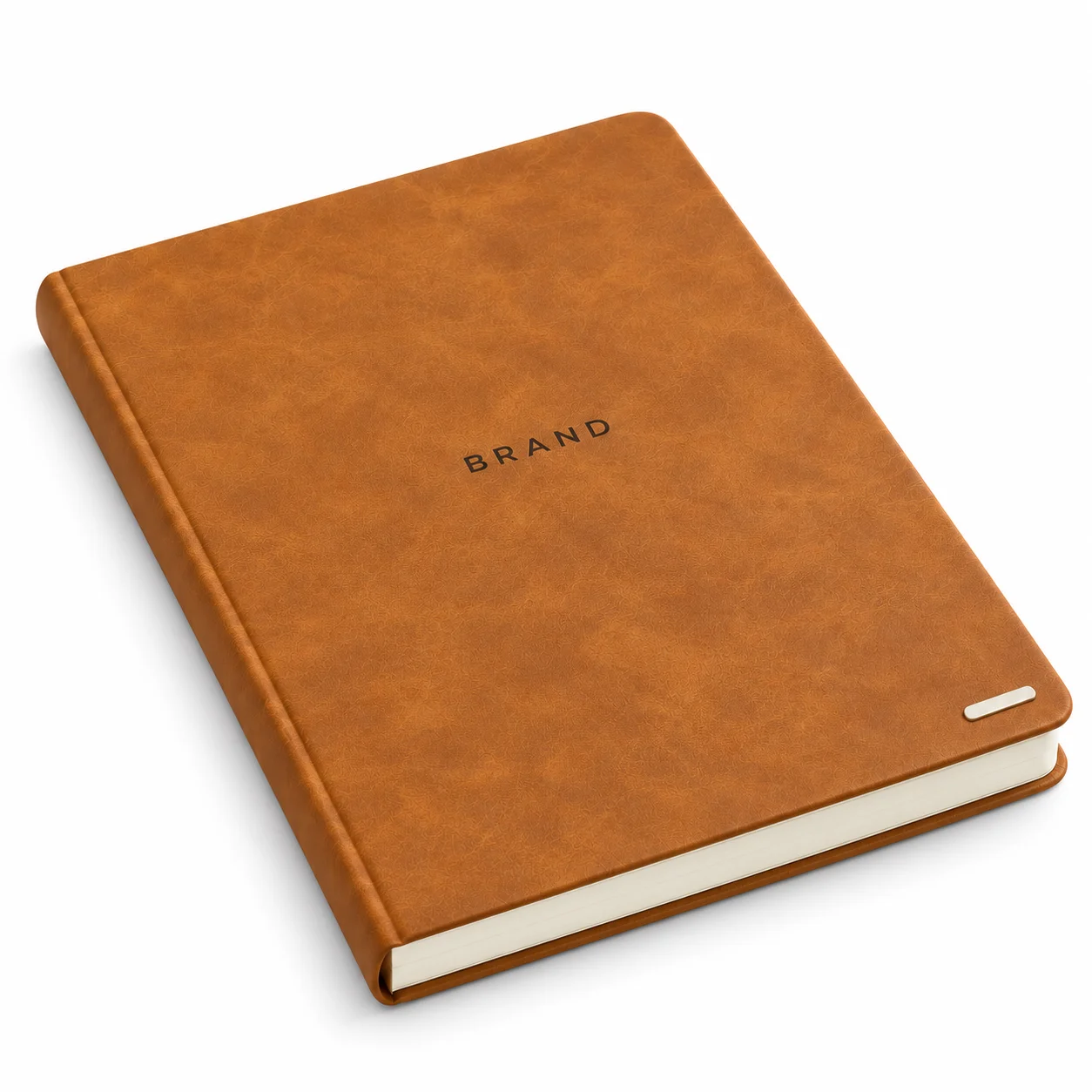 Tan A5 hardcover journal with textured PU cover shown at a three-quarter angle