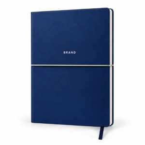 Navy blue A5 PU leather notebook with horizontal elastic band and ribbon bookmark