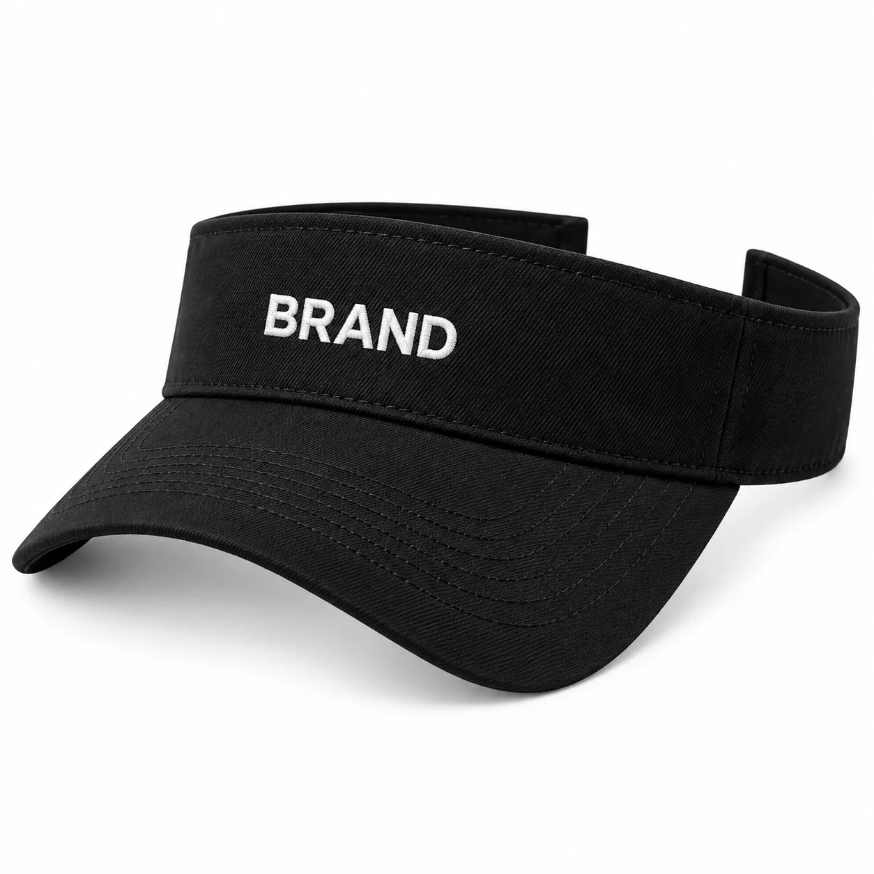 Black open-top sports visor with a curved brim and white embroidered front lettering