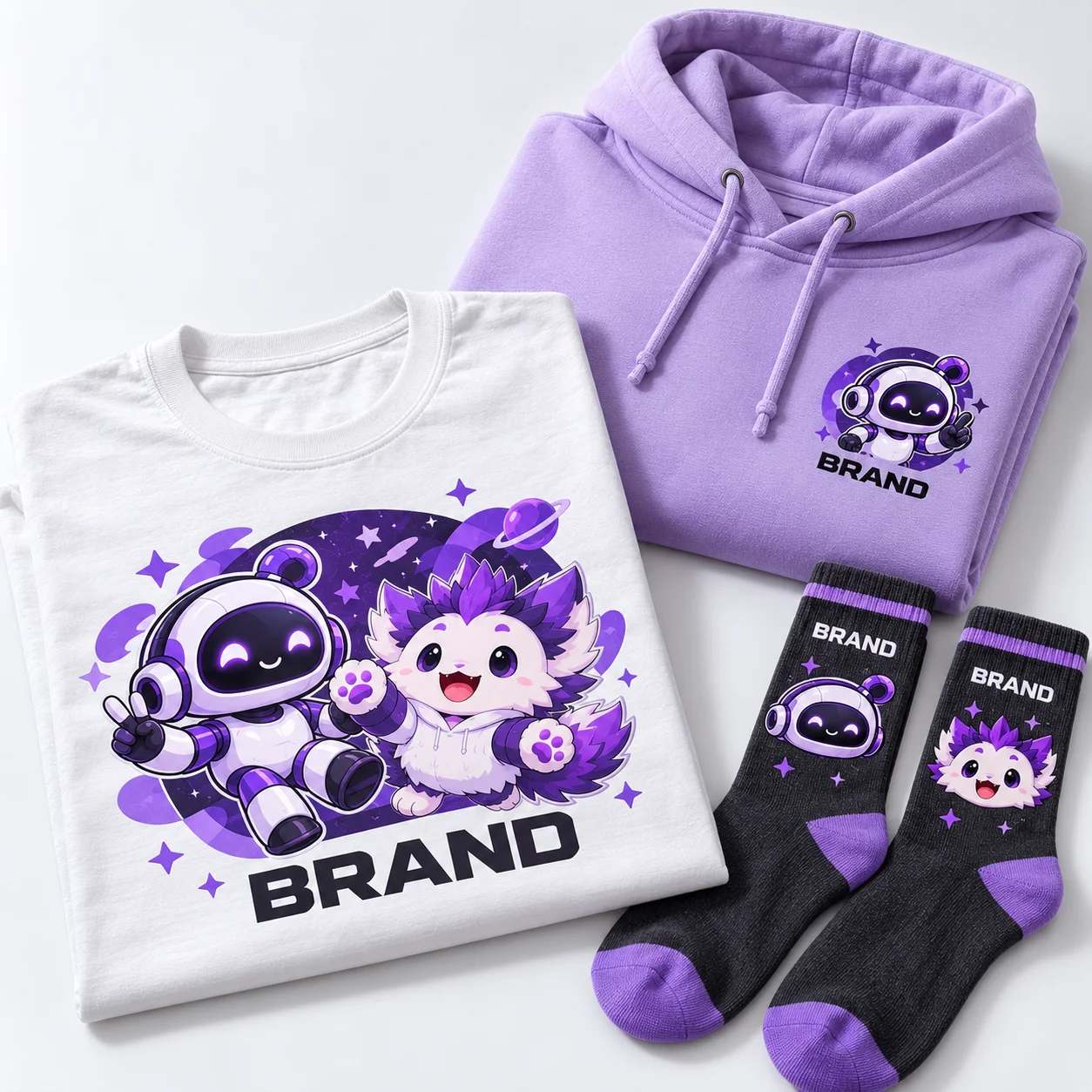 White graphic T-shirt, lilac hoodie and charcoal socks with matching mascot artwork.