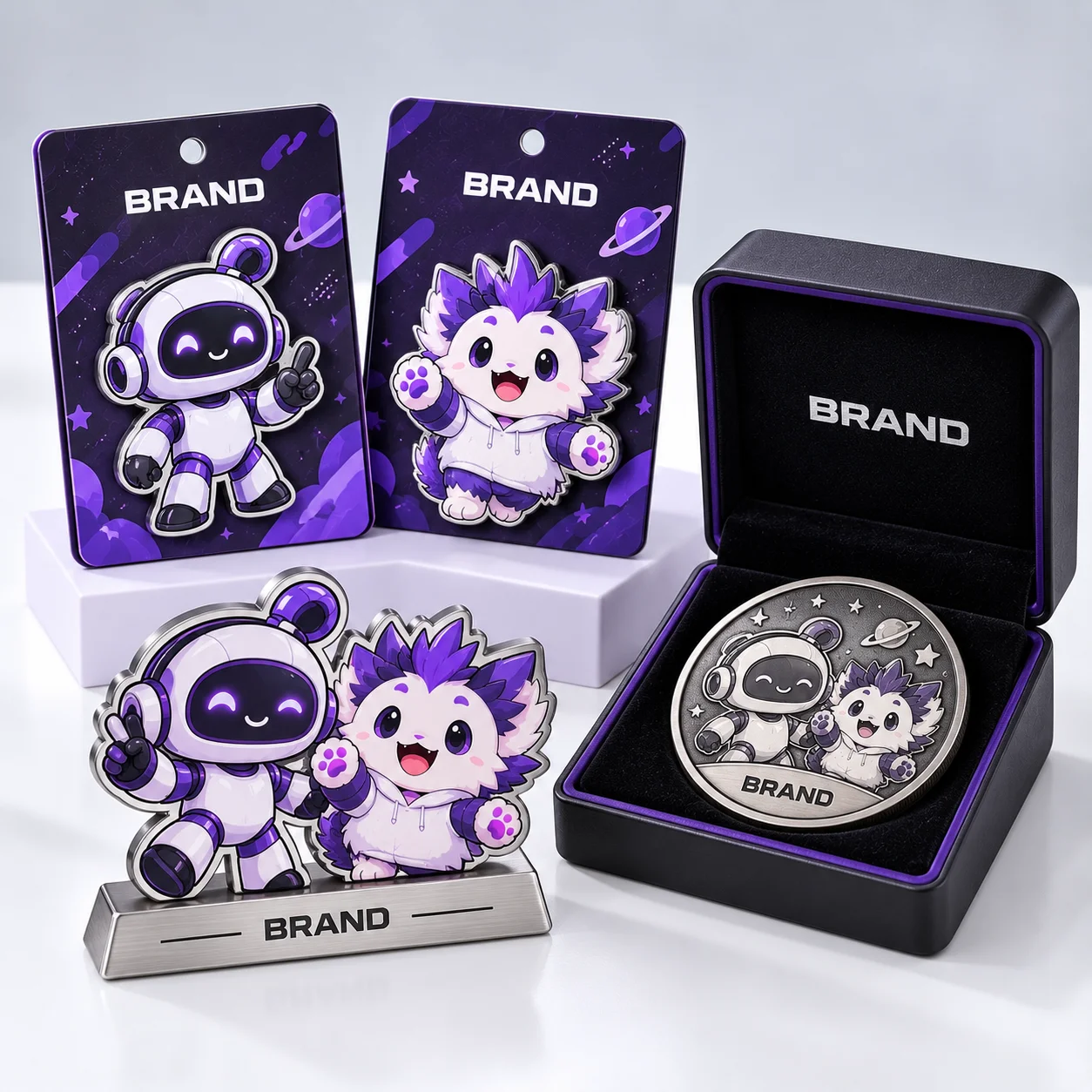 Mascot enamel pins, a collectible metal coin and a small display plaque.